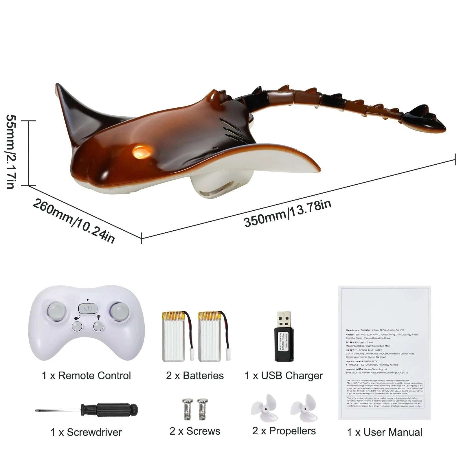 RC Manta Ray Remote Control Water Toy with Dual Propellers-Brown / CZECH REPUBLIC