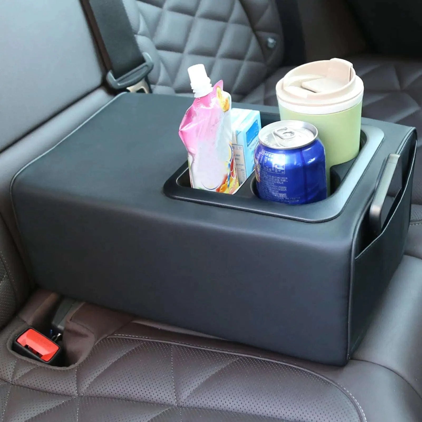 Rear Seat Armrest Booster Pad with Cup Holders and Double Pockets-Black / China Mainland