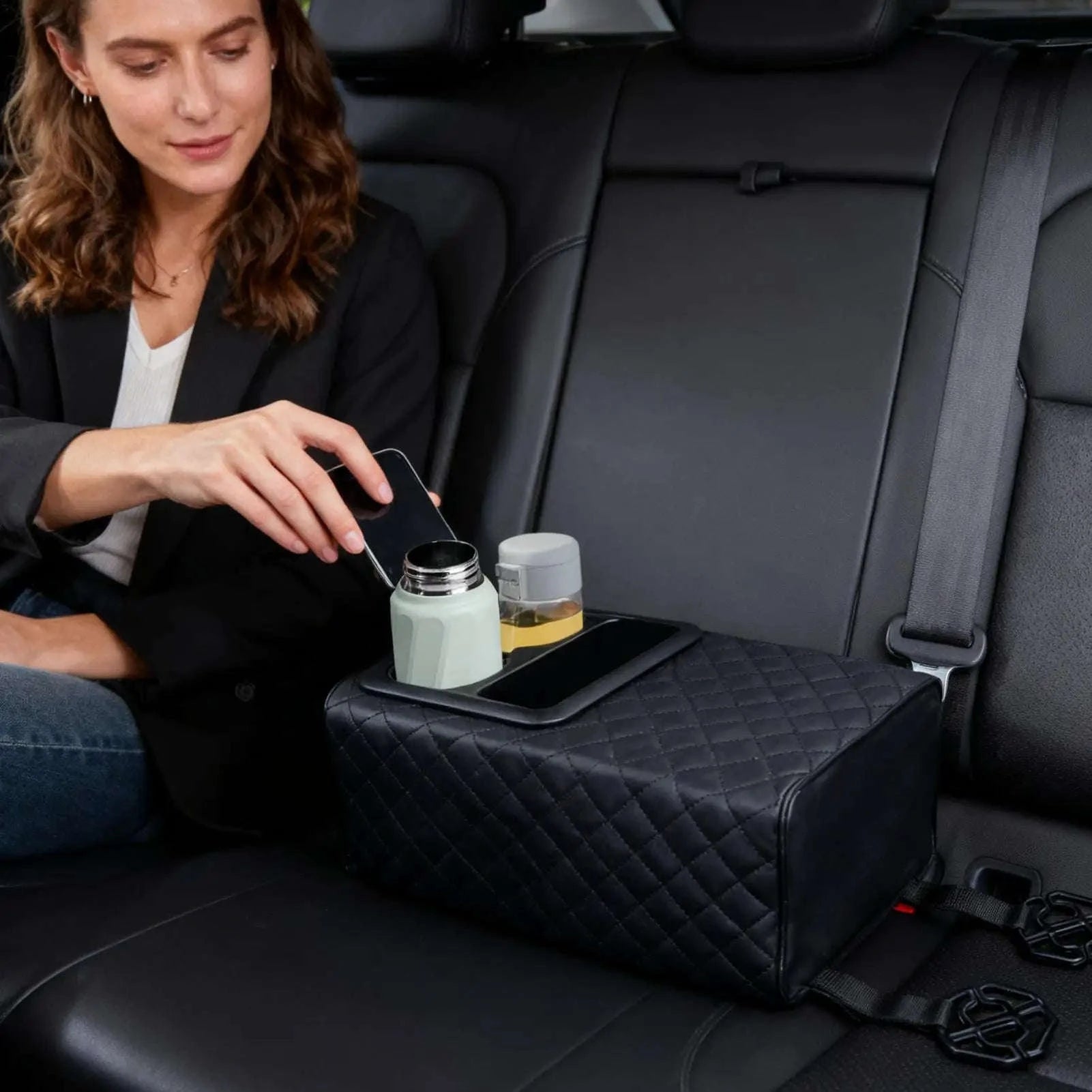 Rear Seat Armrest Booster Pad with Cup Holders and Double Pockets-Black / China Mainland