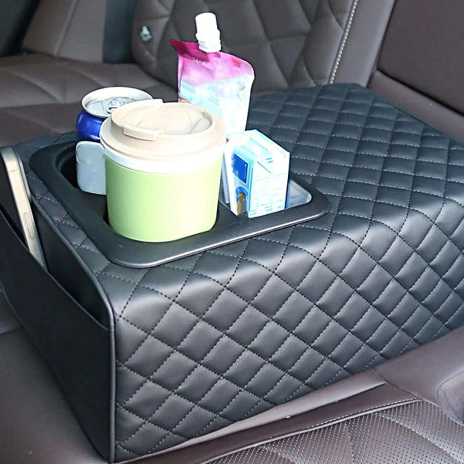 Rear Seat Armrest Booster Pad with Cup Holders and Double Pockets-Black / China Mainland