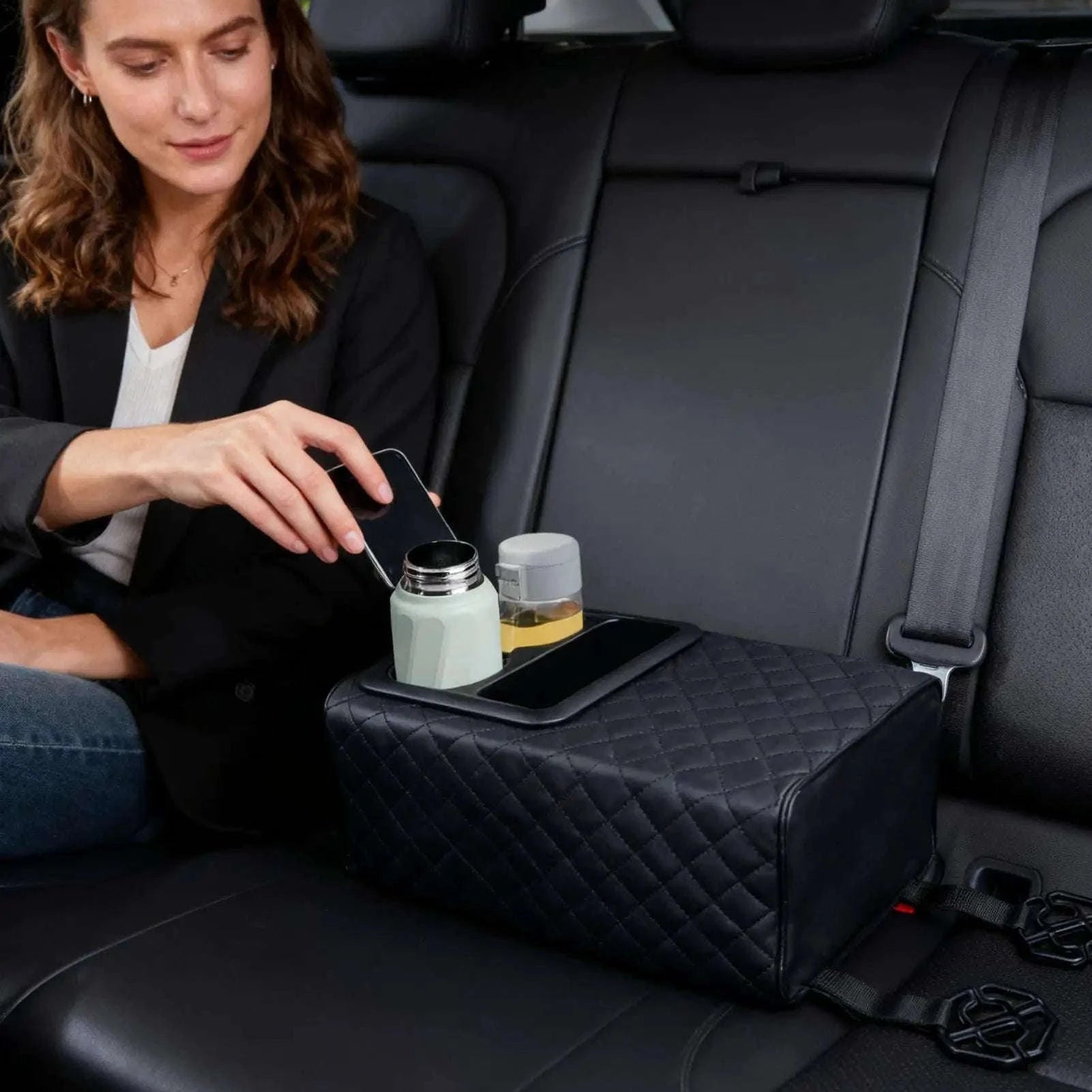 Rear Seat Armrest Booster Pad with Cup Holders and Double Pockets-Black / China Mainland