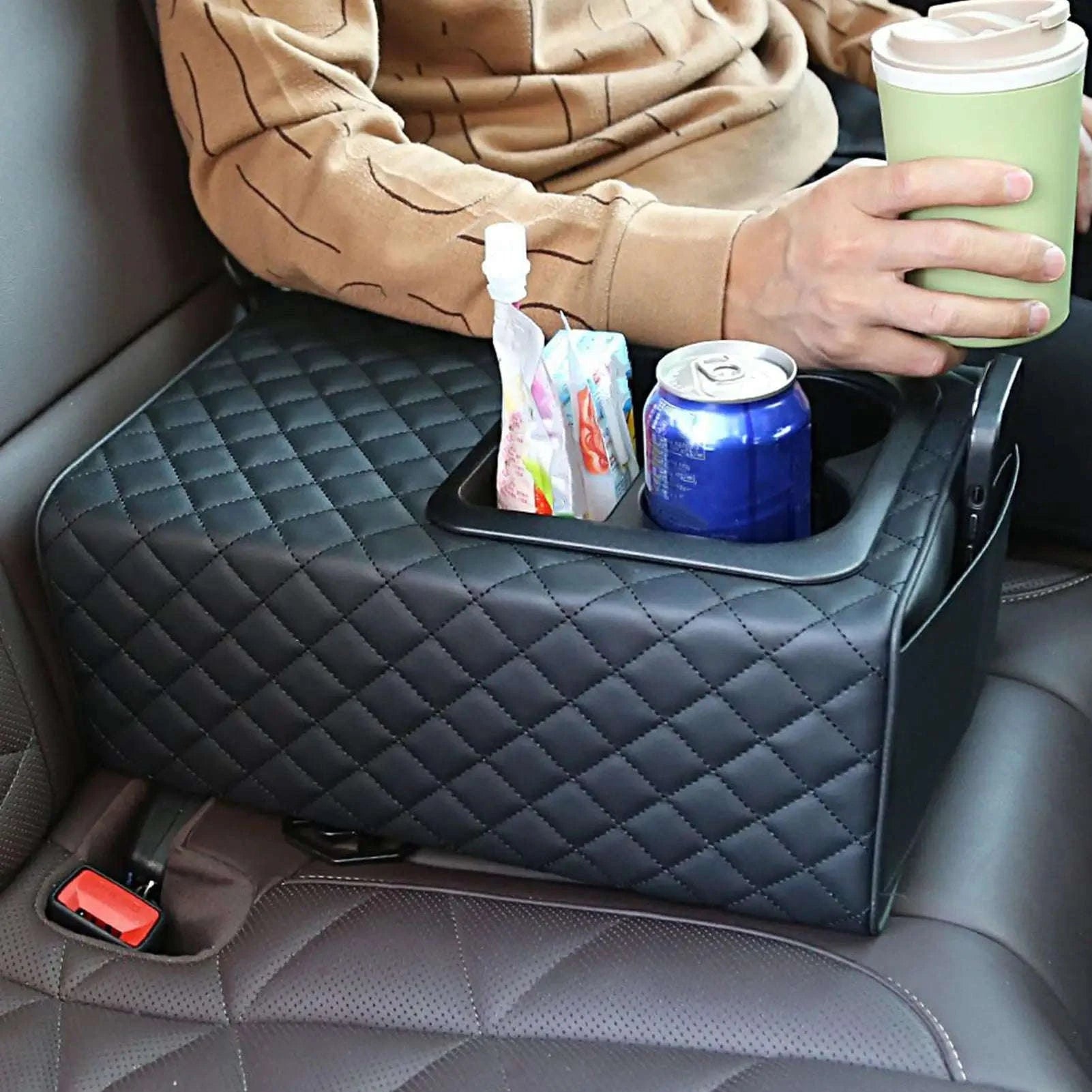 Rear Seat Armrest Booster Pad with Cup Holders and Double Pockets-Black / China Mainland