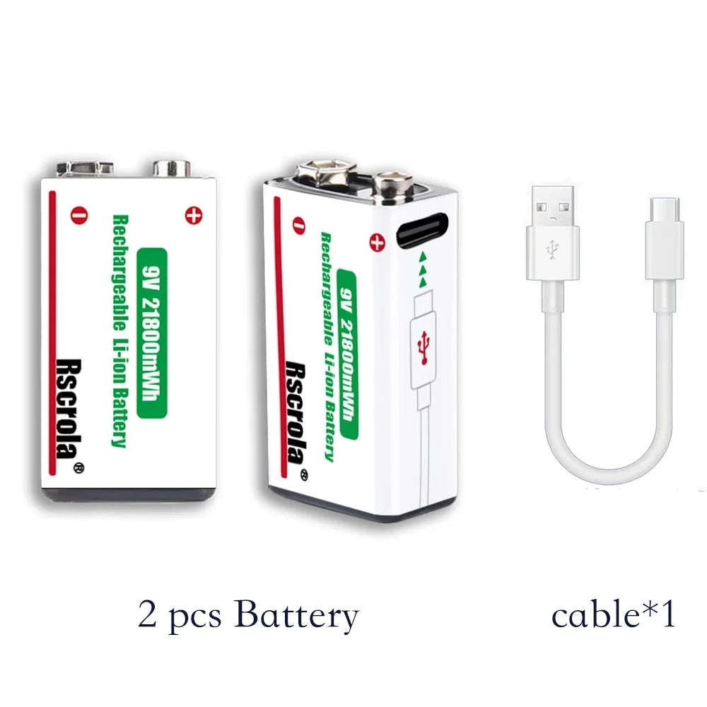 Rechargeable 9V Lithium Battery 21800mWh USB-C Fast Charge-12 pcs 9v Batteries / 9v