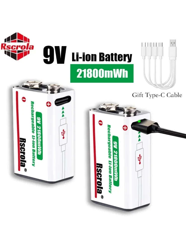 Rechargeable 9V Lithium Battery 21800mWh USB-C Fast Charge-12 pcs 9v Batteries / 9v