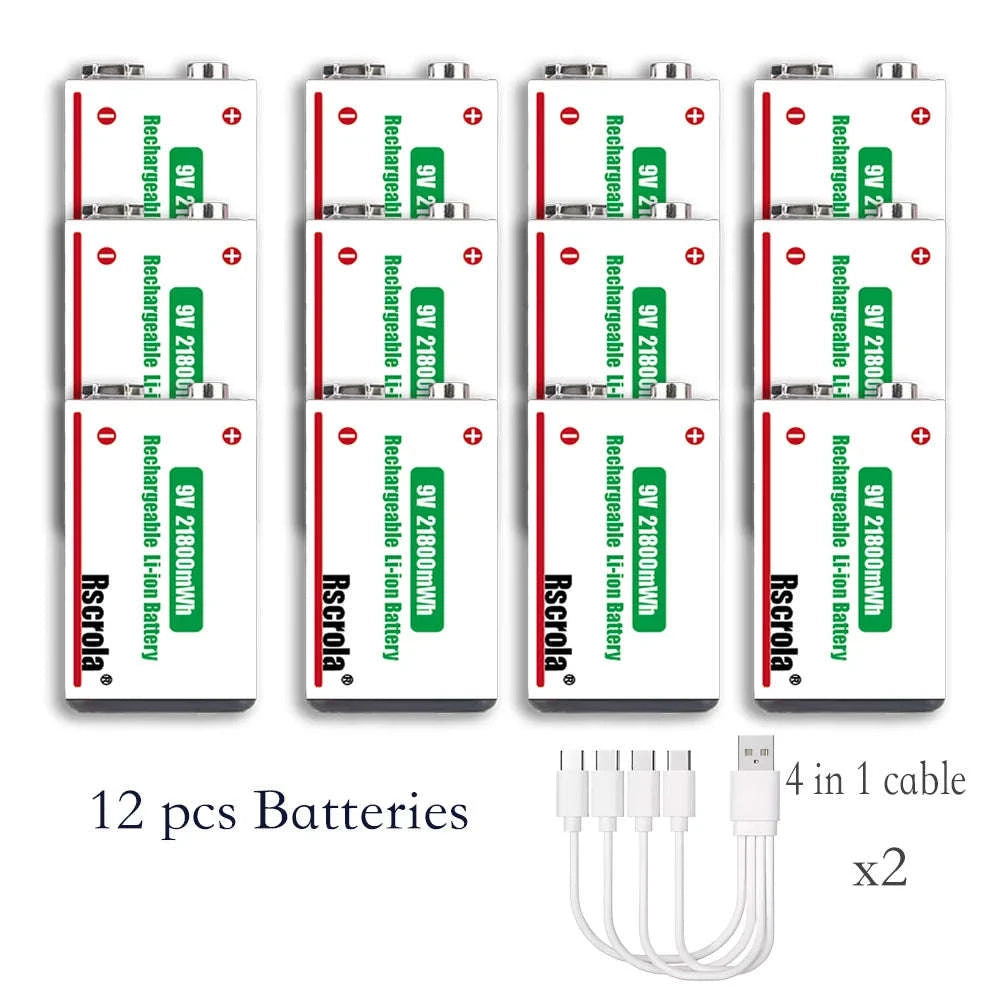 Rechargeable 9V Lithium Battery 21800mWh USB-C Fast Charge-12 pcs 9v Batteries / 9v