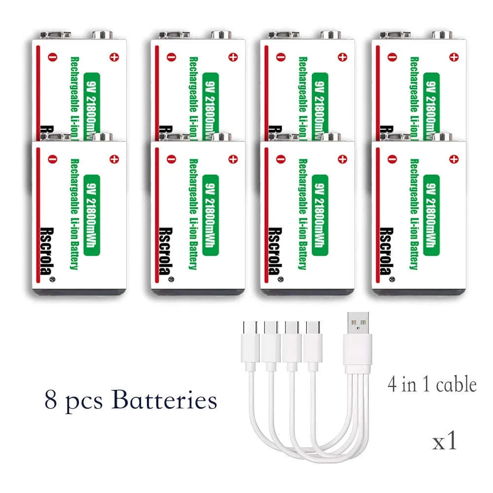 Rechargeable 9V Lithium Battery 21800mWh USB-C Fast Charge-12 pcs 9v Batteries / 9v