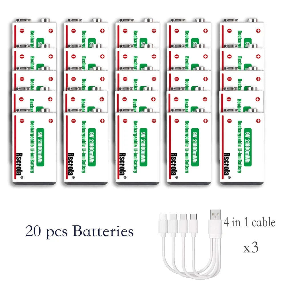 Rechargeable 9V Lithium Battery 21800mWh USB-C Fast Charge-12 pcs 9v Batteries / 9v