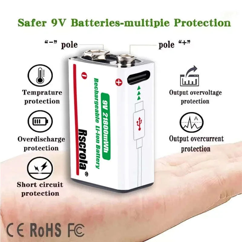 Rechargeable 9V Lithium Battery 21800mWh USB-C Fast Charge-12 pcs 9v Batteries / 9v