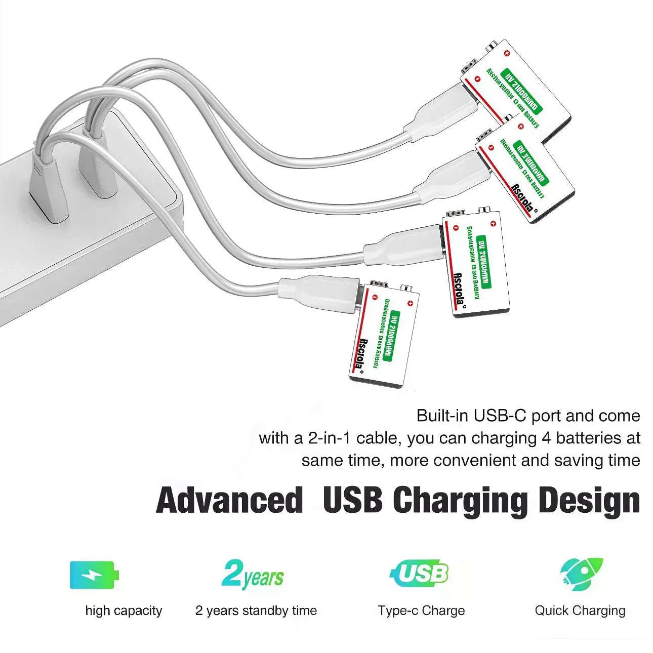 Rechargeable 9V Lithium Battery 21800mWh USB-C Fast Charge-12 pcs 9v Batteries / 9v