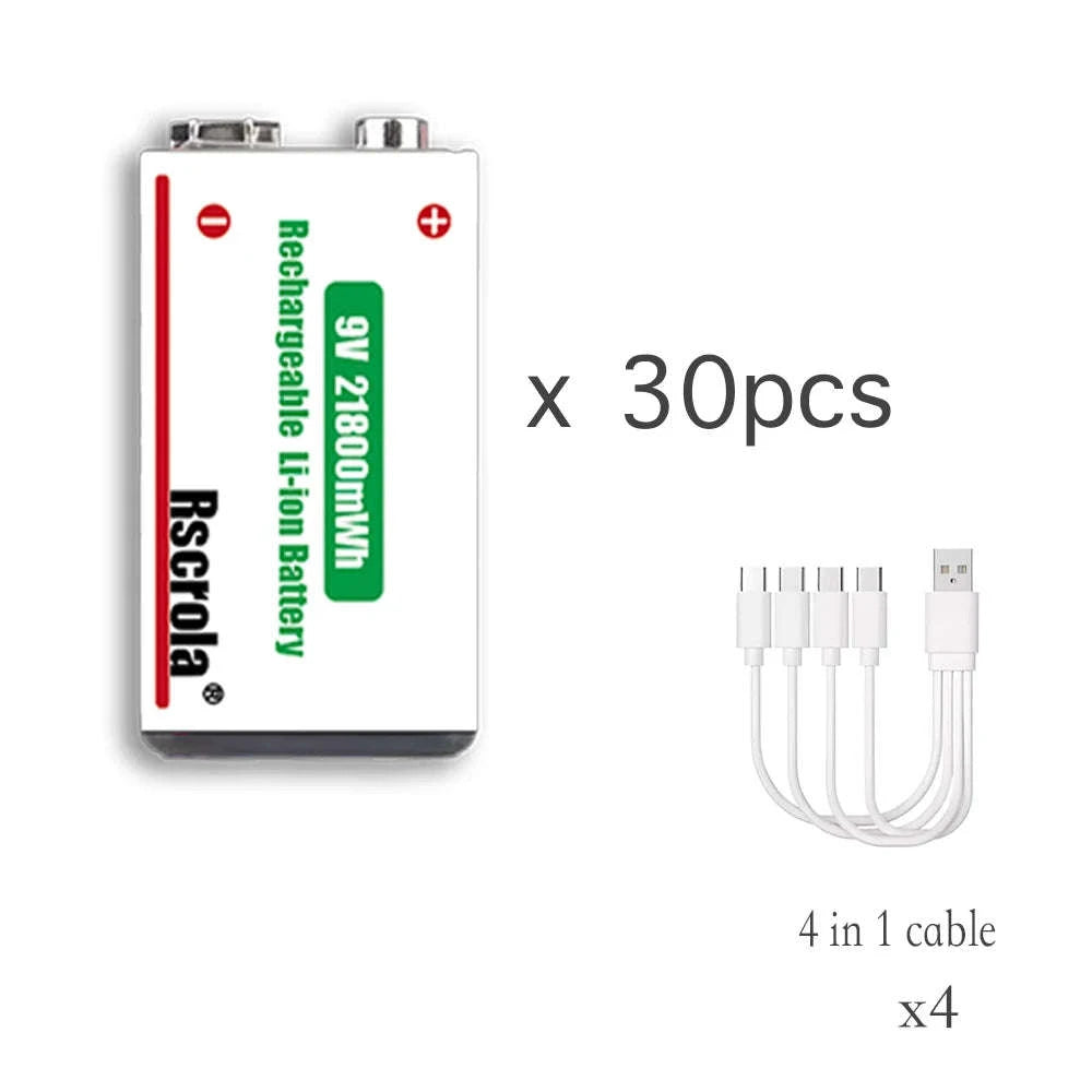 Rechargeable 9V Lithium Battery 21800mWh USB-C Fast Charge-12 pcs 9v Batteries / 9v