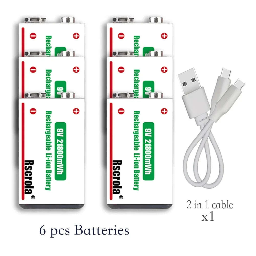Rechargeable 9V Lithium Battery 21800mWh USB-C Fast Charge-12 pcs 9v Batteries / 9v