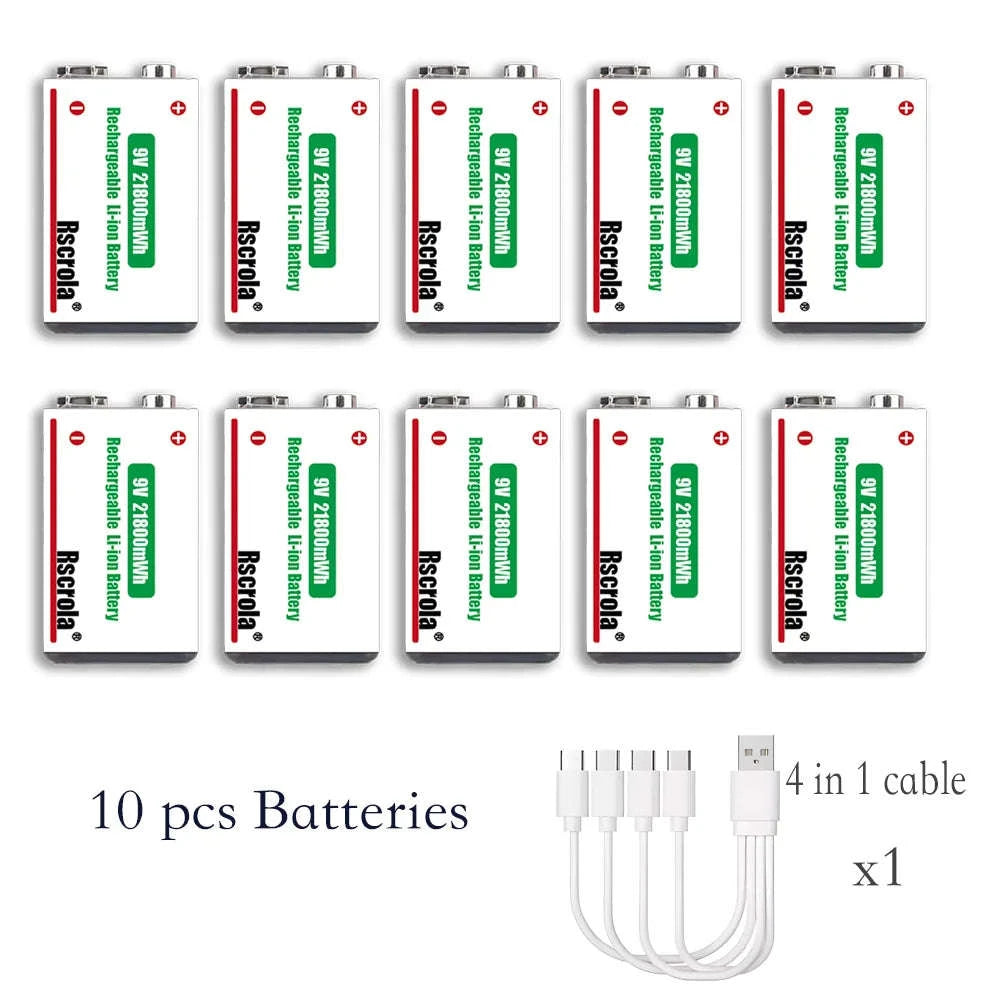 Rechargeable 9V Lithium Battery 21800mWh USB-C Fast Charge-12 pcs 9v Batteries / 9v