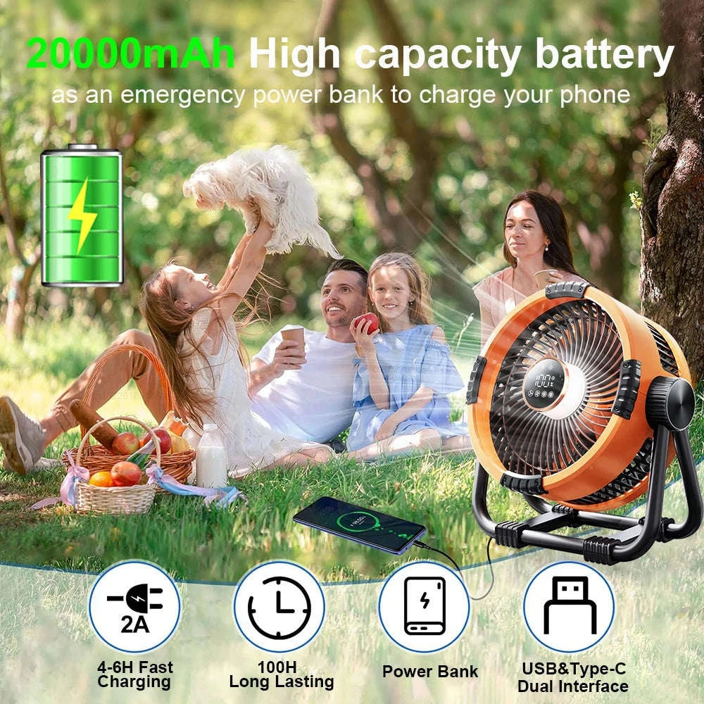 Rechargeable Camping Fan with Light and Hanging Hook-Orange