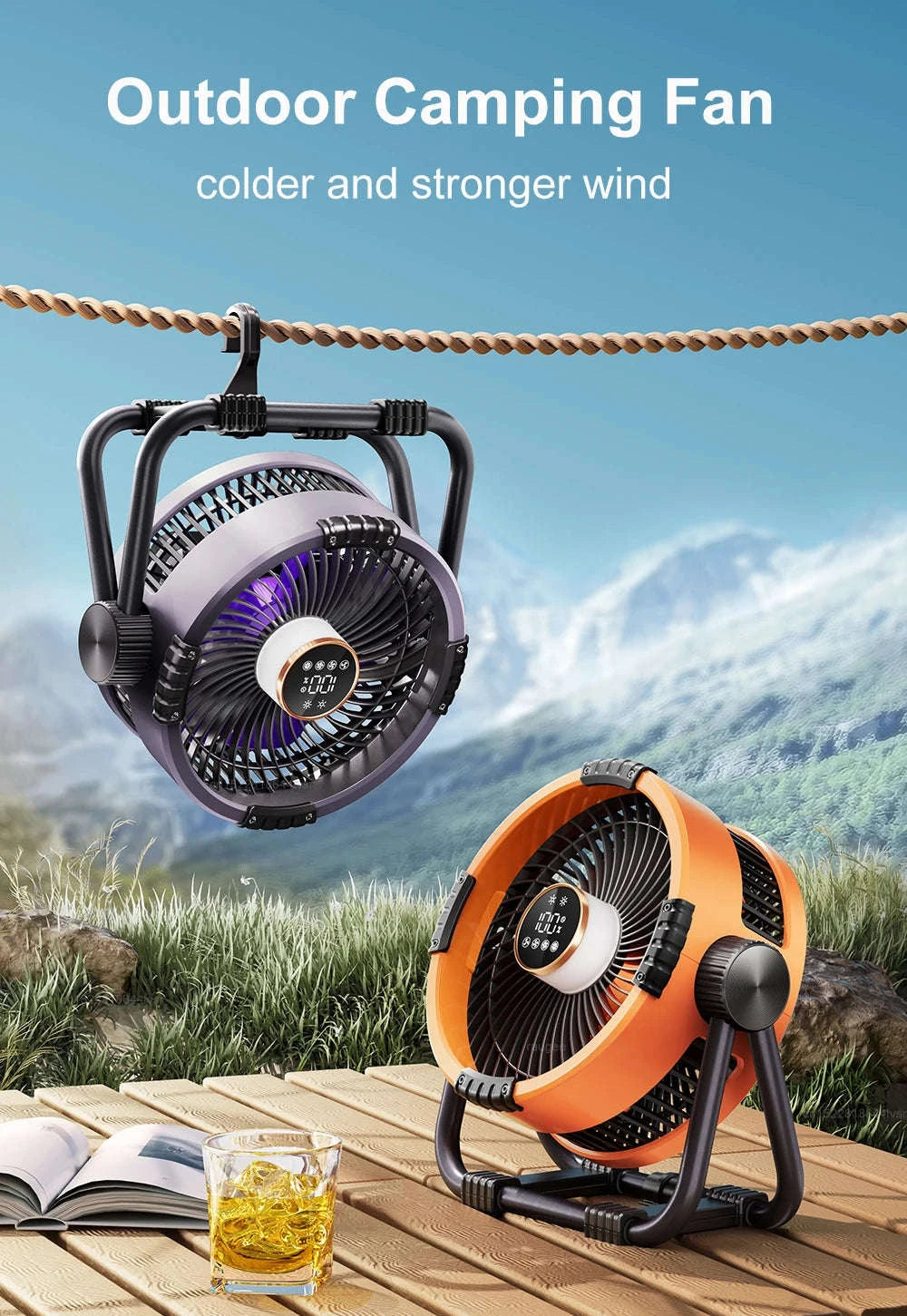 Rechargeable Camping Fan with Light and Hanging Hook-Orange
