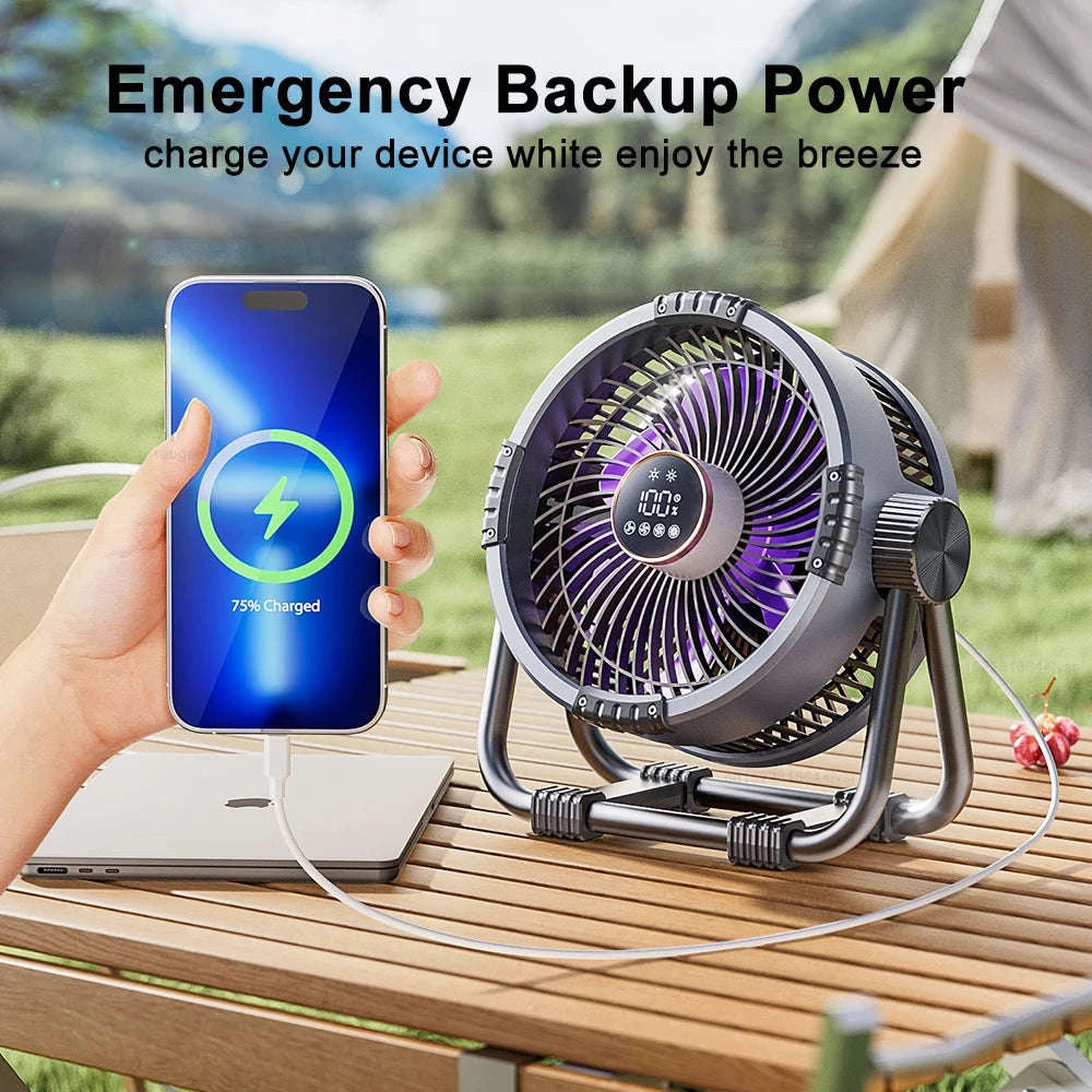 Rechargeable Camping Fan with Light and Hanging Hook-Orange