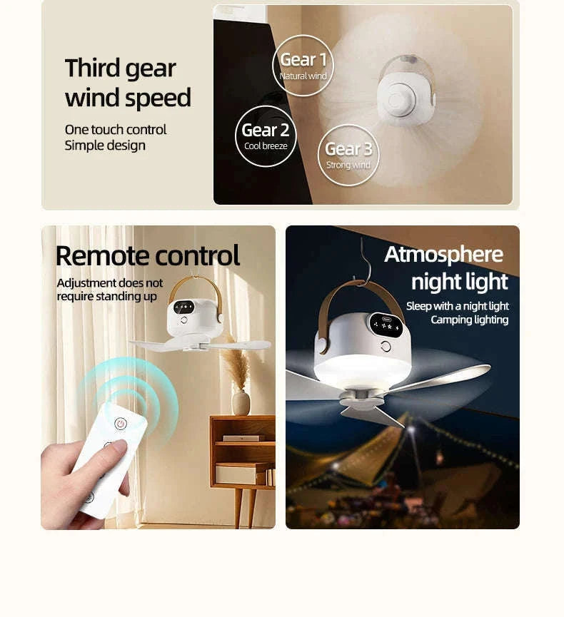 Rechargeable Ceiling Camping Fan with Remote Light for Small Spaces-Charging Model-White / China Mainland