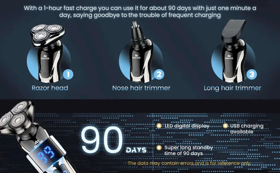 Rechargeable Electric Shaver 3-in-1 Grooming Kit with Nose Trimmer-Silver / China Mainland