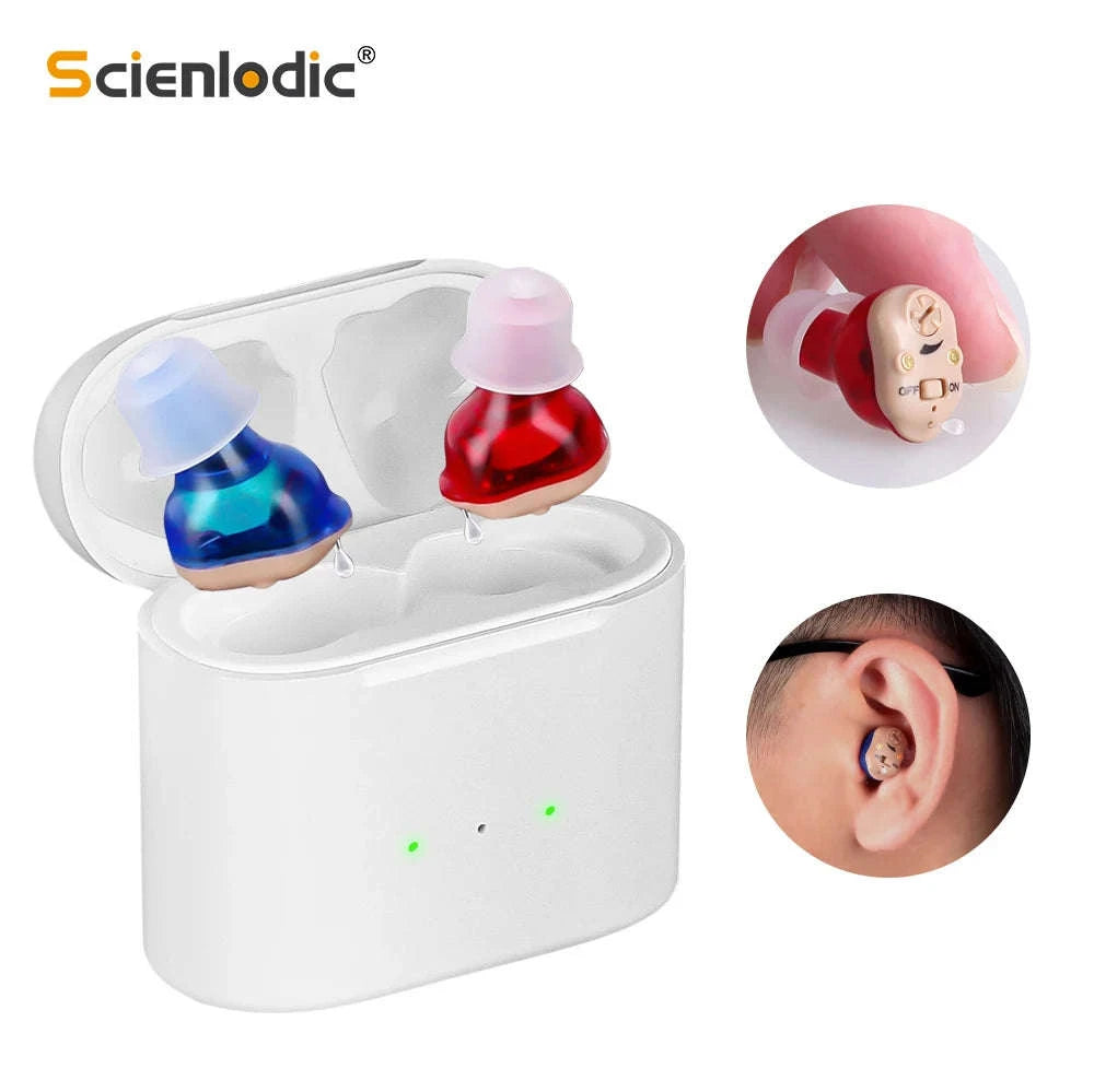 Rechargeable Invisible Mini Hearing Aid – Discreet Design with Clear Amplification-Blue-Red
