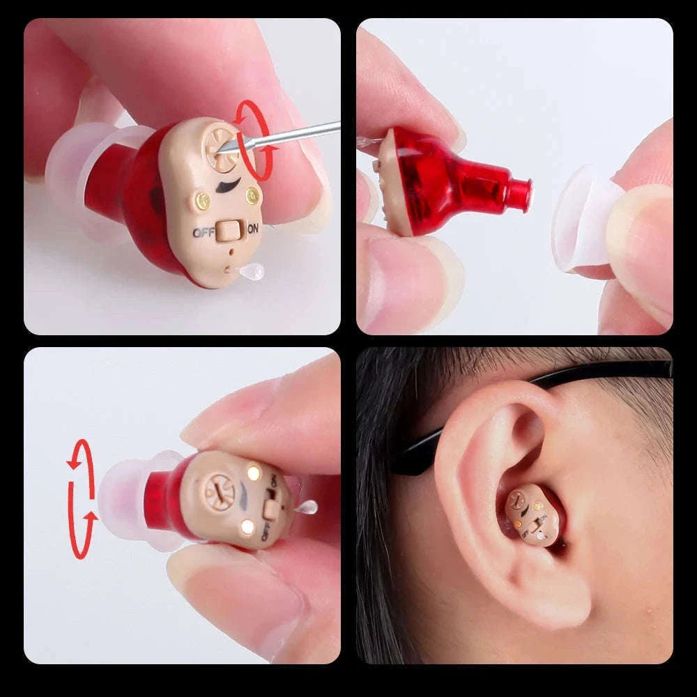 Rechargeable Invisible Mini Hearing Aid with Clear Amplification-Blue-Red