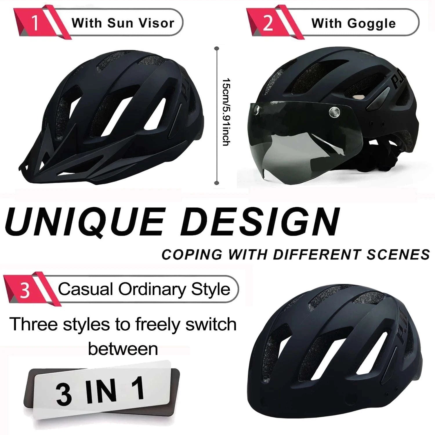 Rechargeable LED Bike Helmet with Sun Visor-P11A-Black-L-HS / CHINA
