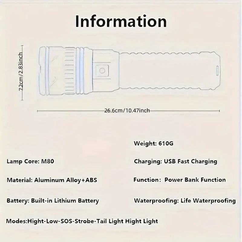Rechargeable LED Flashlight with 200m Beam & 25000mAh Battery-S33 / United States