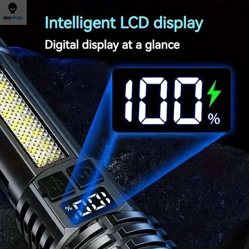 Rechargeable LED Flashlight with COB Side Light and Zoom-Black-1pc-EU plug