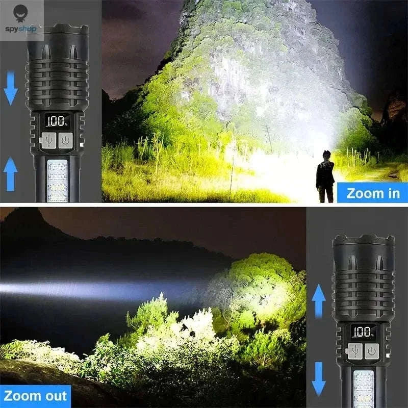 Rechargeable LED Flashlight with COB Side Light and Zoom-Black-1pc-EU plug