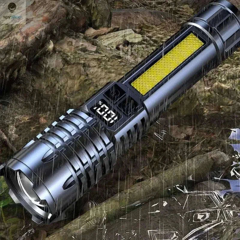 Rechargeable LED Flashlight with COB Side Light and Zoom-Black-1pc-EU plug