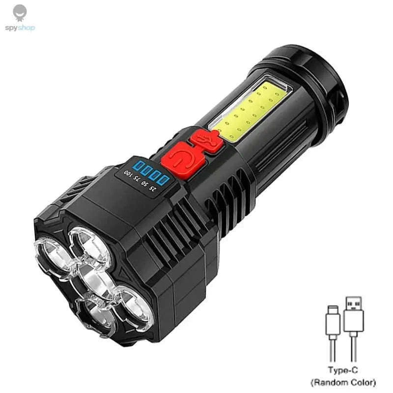 Rechargeable LED Flashlight with COB Side Light and Zoom-Black-1pc-EU plug