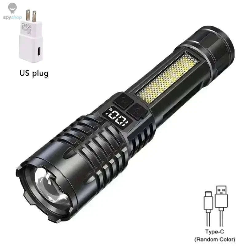 Rechargeable LED Flashlight with COB Side Light and Zoom-Black-1pc-EU plug