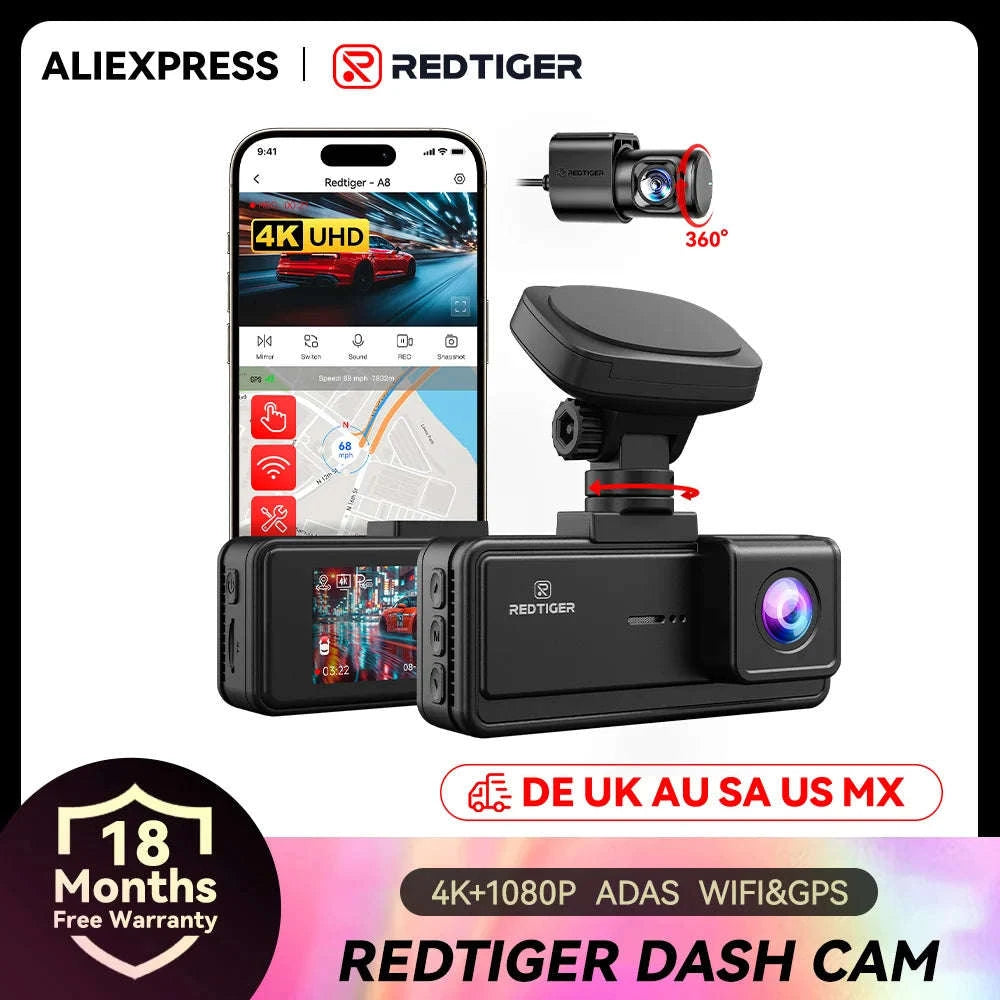 REDTIGER A8 4K+1080P Dash Cam with GPS, WiFi, Touch Screen-A8 NO HW KIT / United States / Free 64G TF