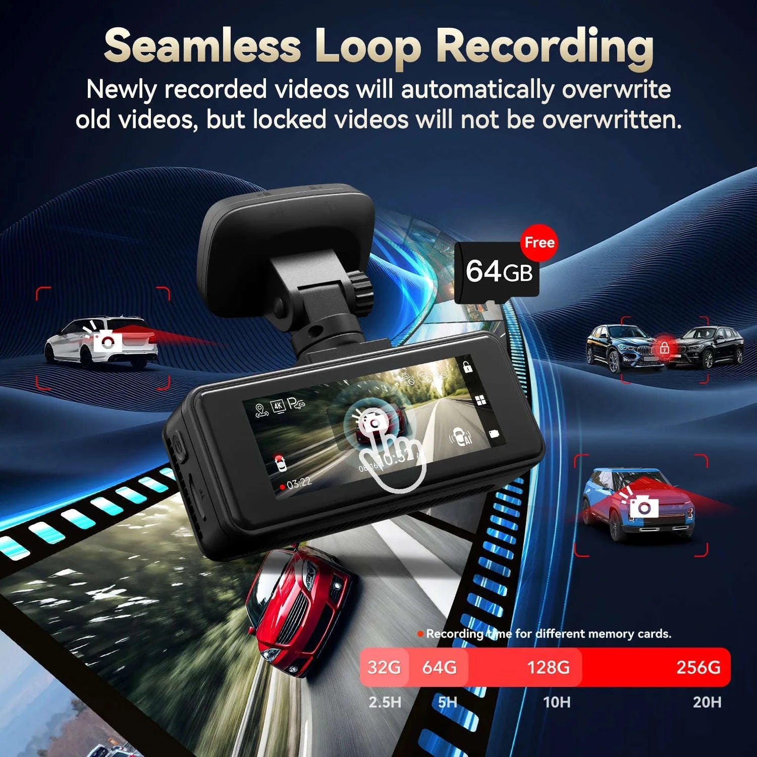 REDTIGER A8 4K+1080P Dash Cam with GPS, WiFi, Touch Screen-A8 NO HW KIT / United States / Free 64G TF