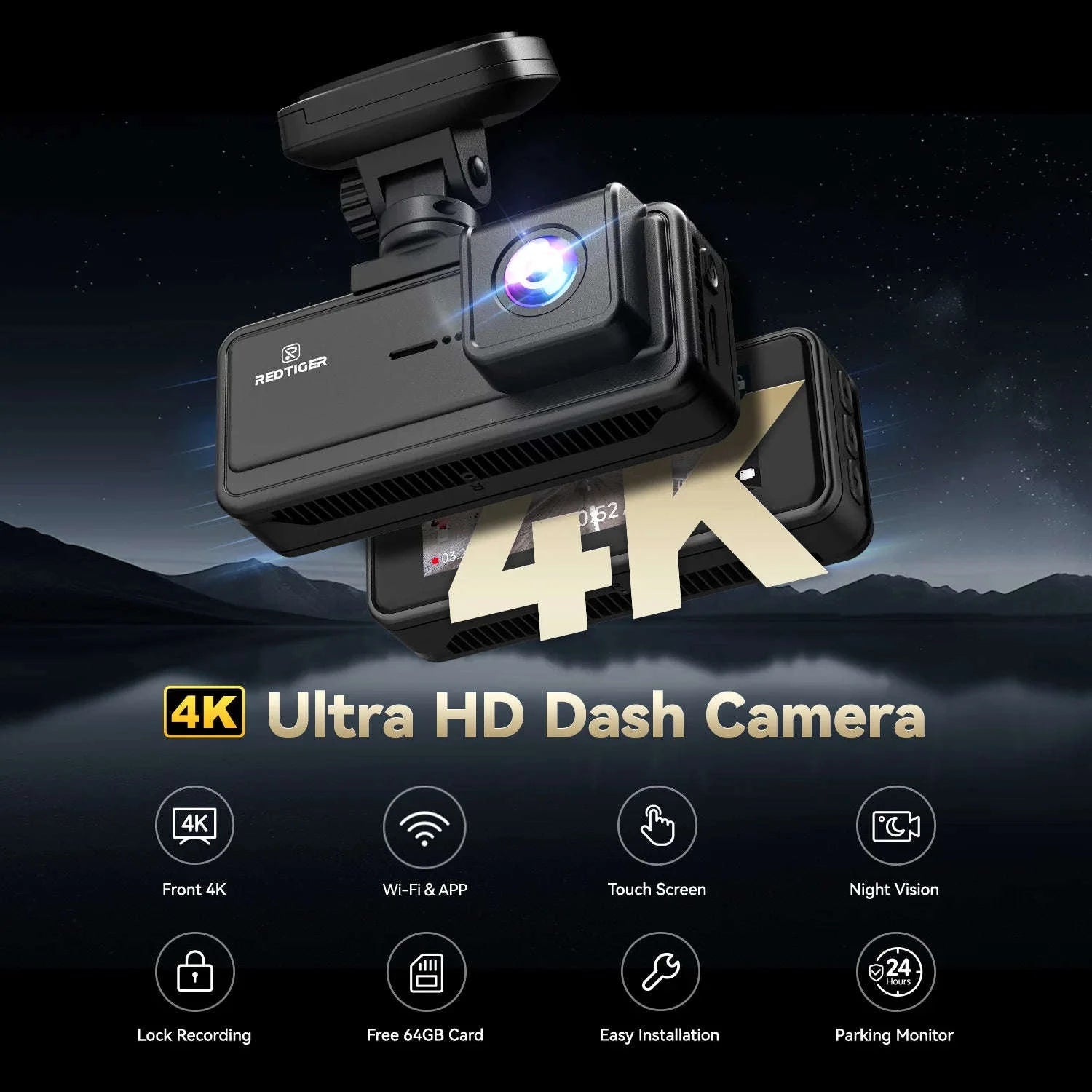 REDTIGER A8 4K+1080P Dash Cam with GPS, WiFi, Touch Screen-A8 NO HW KIT / United States / Free 64G TF