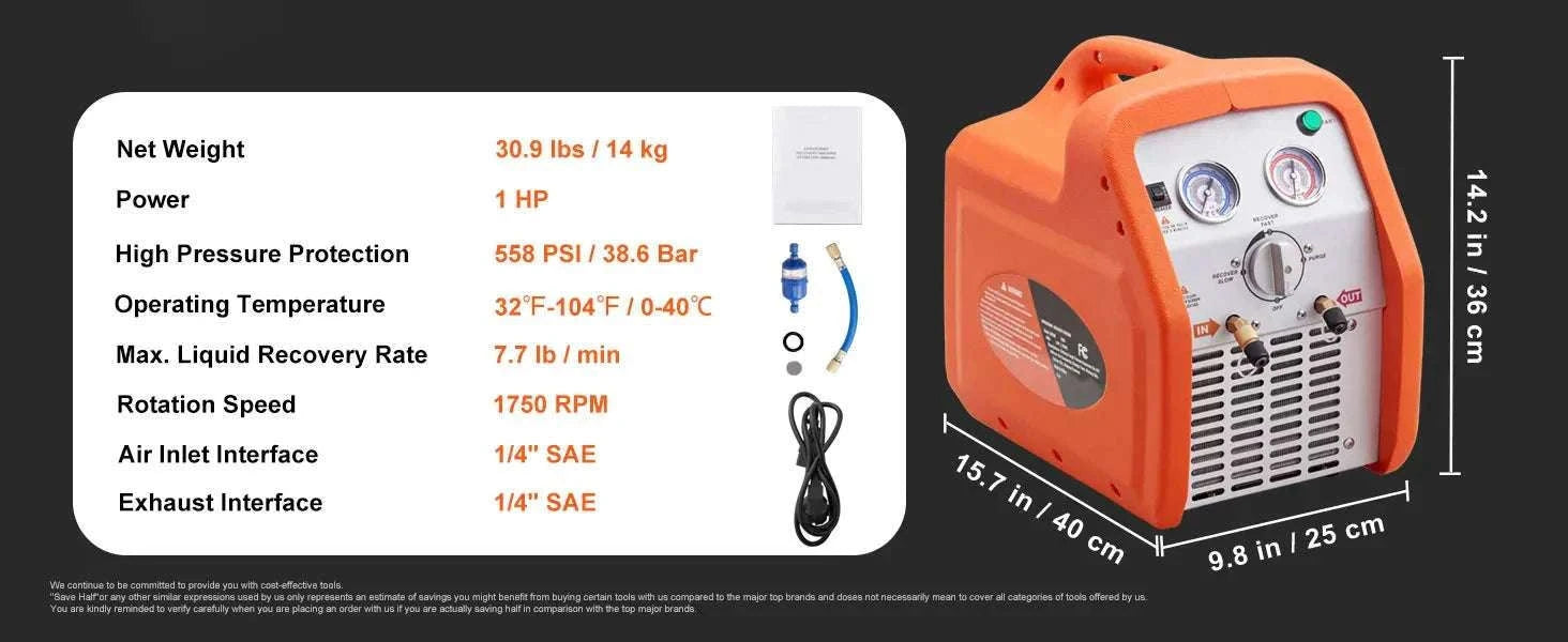 Refrigerant Recovery Machine 3/4 to 1HP HVAC AC Recovery Unit-1HP Dual Cylinder / CZECH REPUBLIC