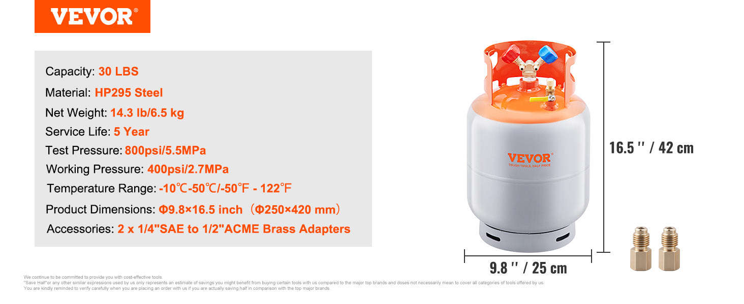 Refrigerant Recovery Tank 30 lb 400 PSI Portable Cylinder with Y-Valve-0.25inch / United States