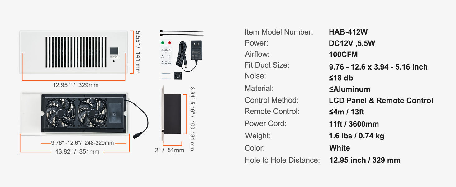Ventilatore booster SucceBuy 4x12in, ventilatore a condotto da 100CFM, 10 velocità regolabili con controller intelligente LCD per parete e pavimento