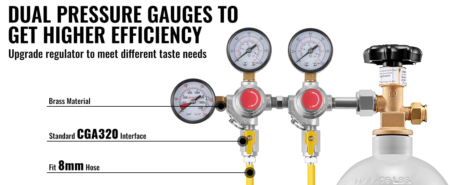 CO2-regulator med dubbla mätare och backventil för öltunnor CGA320