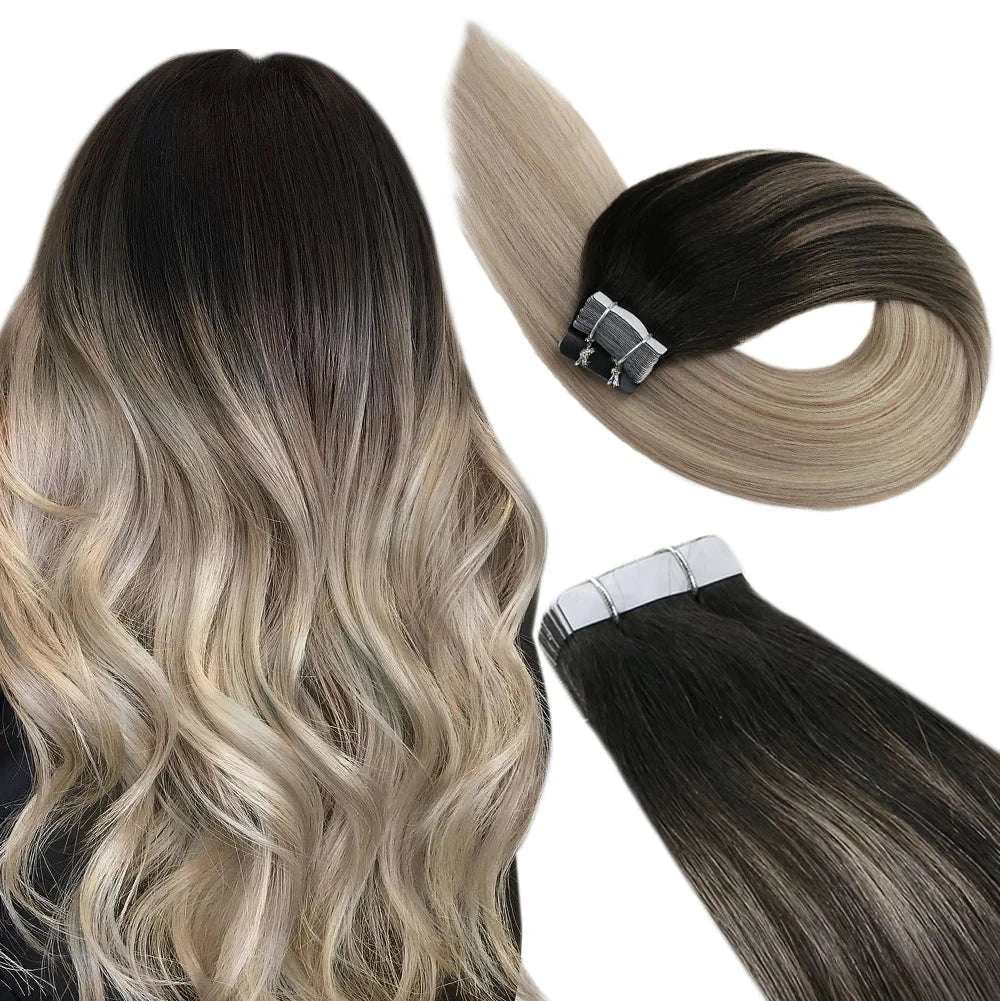 Remy Human Hair Tape-In Extensions Straight Seamless Natural Blend-1B-silver-1B / 20 pcs / 24 Inches