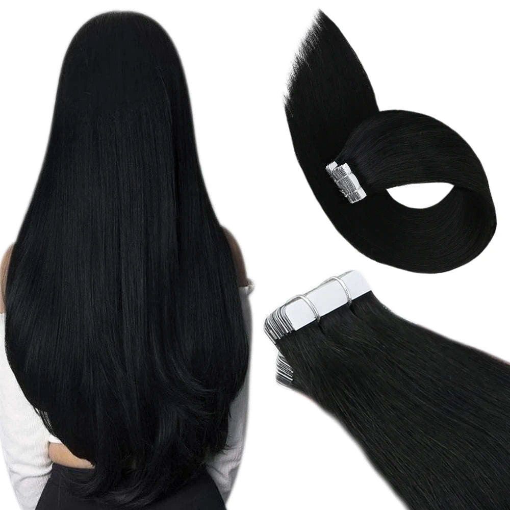 Remy Human Hair Tape-In Extensions Straight Seamless Natural Blend-1B-silver-1B / 20 pcs / 24 Inches