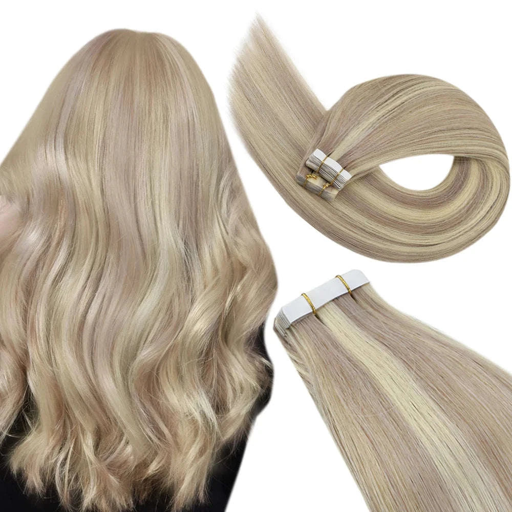 Remy Human Hair Tape-In Extensions Straight Seamless Natural Blend-1B-silver-1B / 20 pcs / 24 Inches