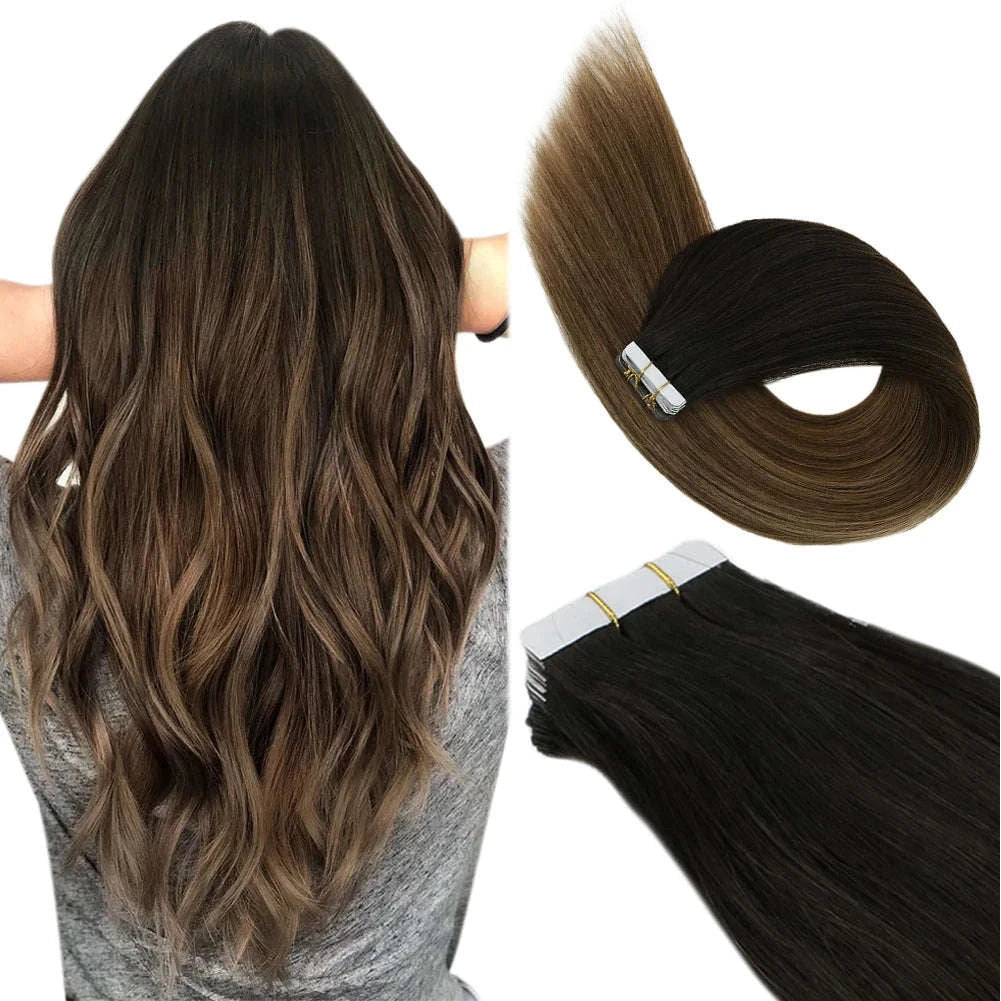 Remy Human Hair Tape-In Extensions Straight Seamless Natural Blend-1B-silver-1B / 20 pcs / 24 Inches