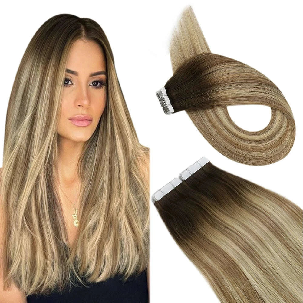 Remy Human Hair Tape-In Extensions Straight Seamless Natural Blend-1B-silver-1B / 20 pcs / 24 Inches