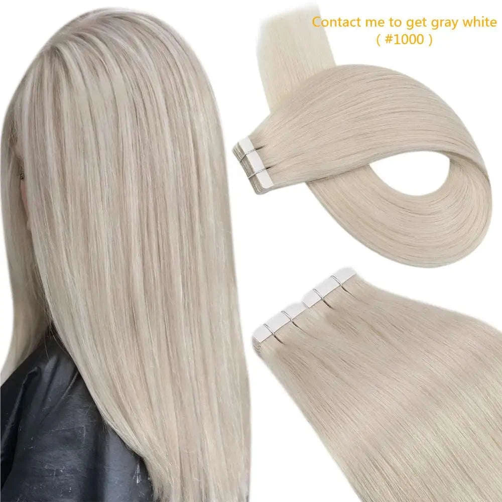 Remy Human Hair Tape-In Extensions Straight Seamless Natural Blend-1B-silver-1B / 20 pcs / 24 Inches