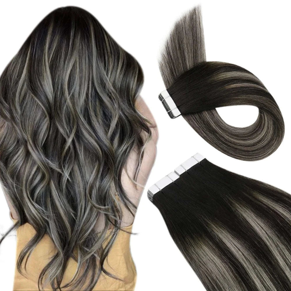 Remy Human Hair Tape-In Extensions Straight Seamless Natural Blend-1B-silver-1B / 20 pcs / 24 Inches
