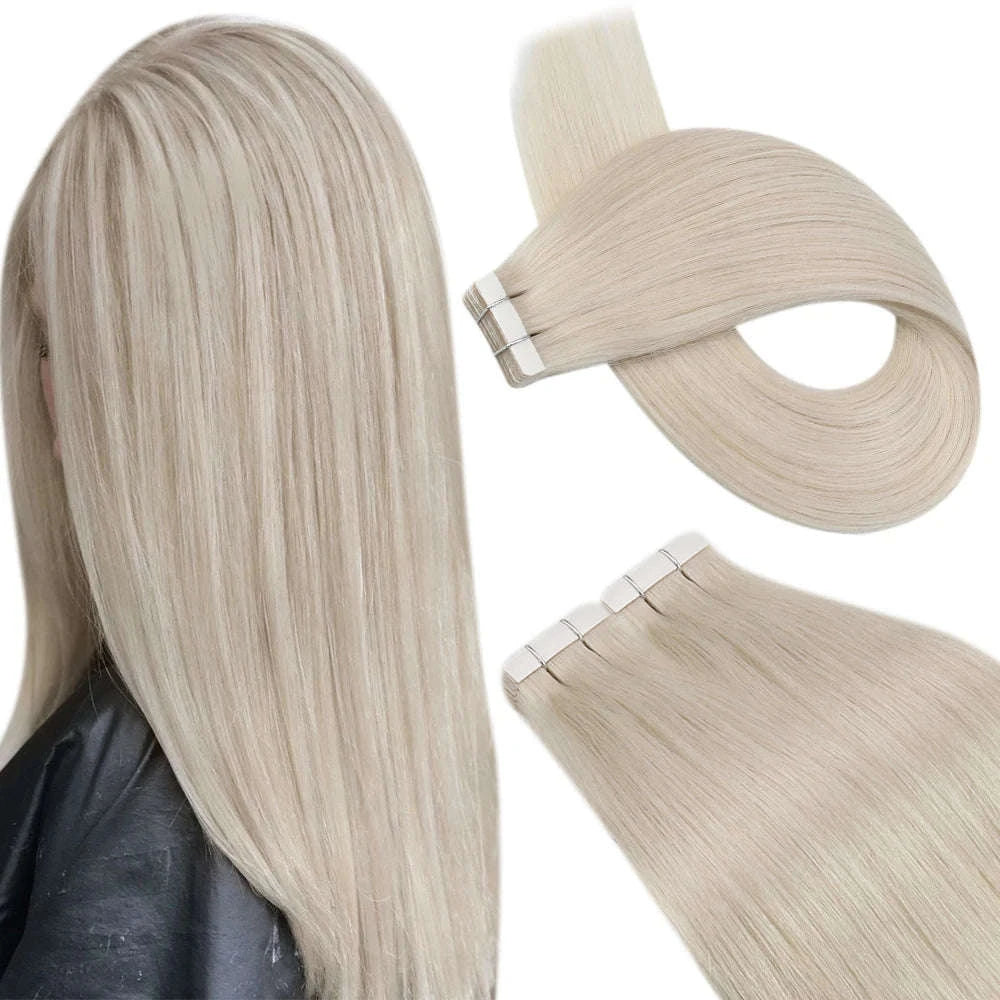 Remy Human Hair Tape-In Extensions Straight Seamless Natural Blend-1B-silver-1B / 20 pcs / 24 Inches