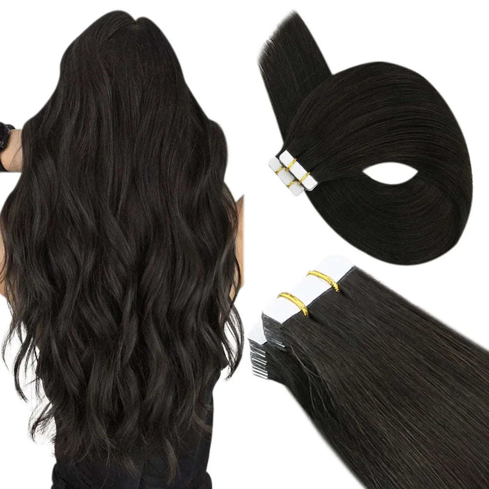 Remy Human Hair Tape-In Extensions Straight Seamless Natural Blend-1B-silver-1B / 20 pcs / 24 Inches