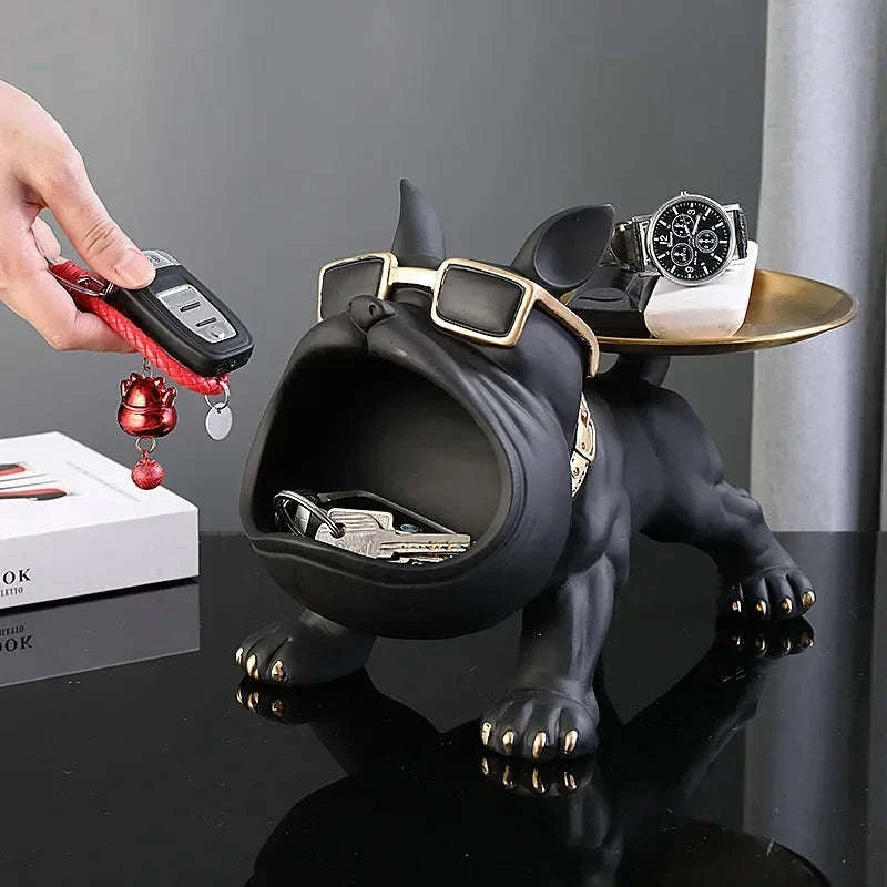 Resin Dog Statue Bulldog Storage Tray – Playful Home Decor with Hidden Storage-Black / CHINA