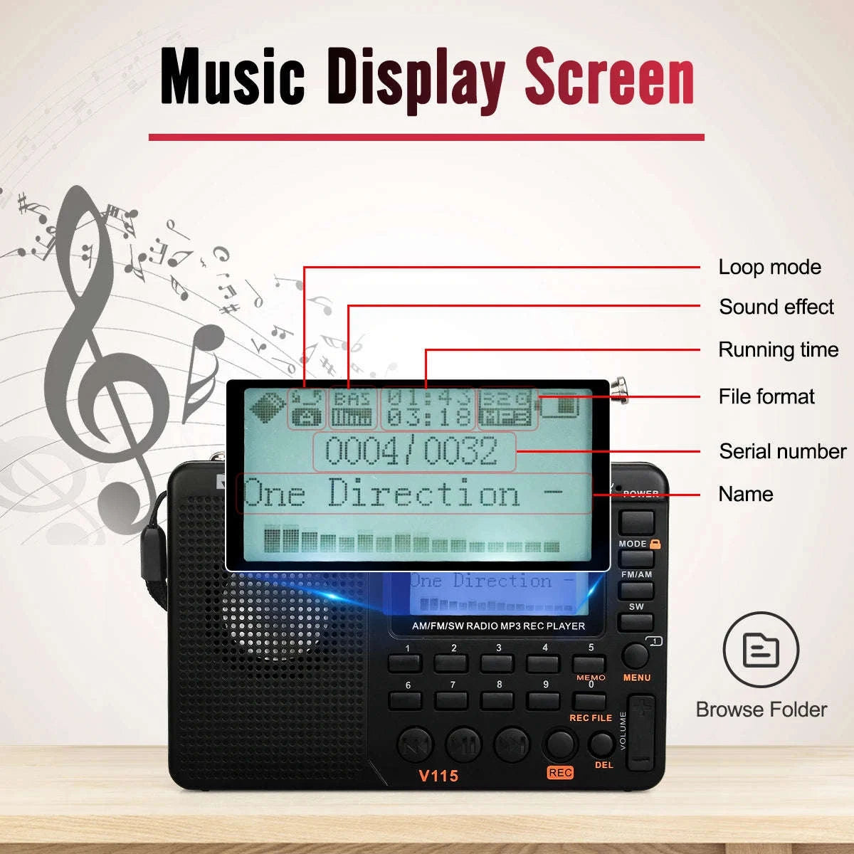 Retekess V115 Portable Radio with USB Recorder-V115