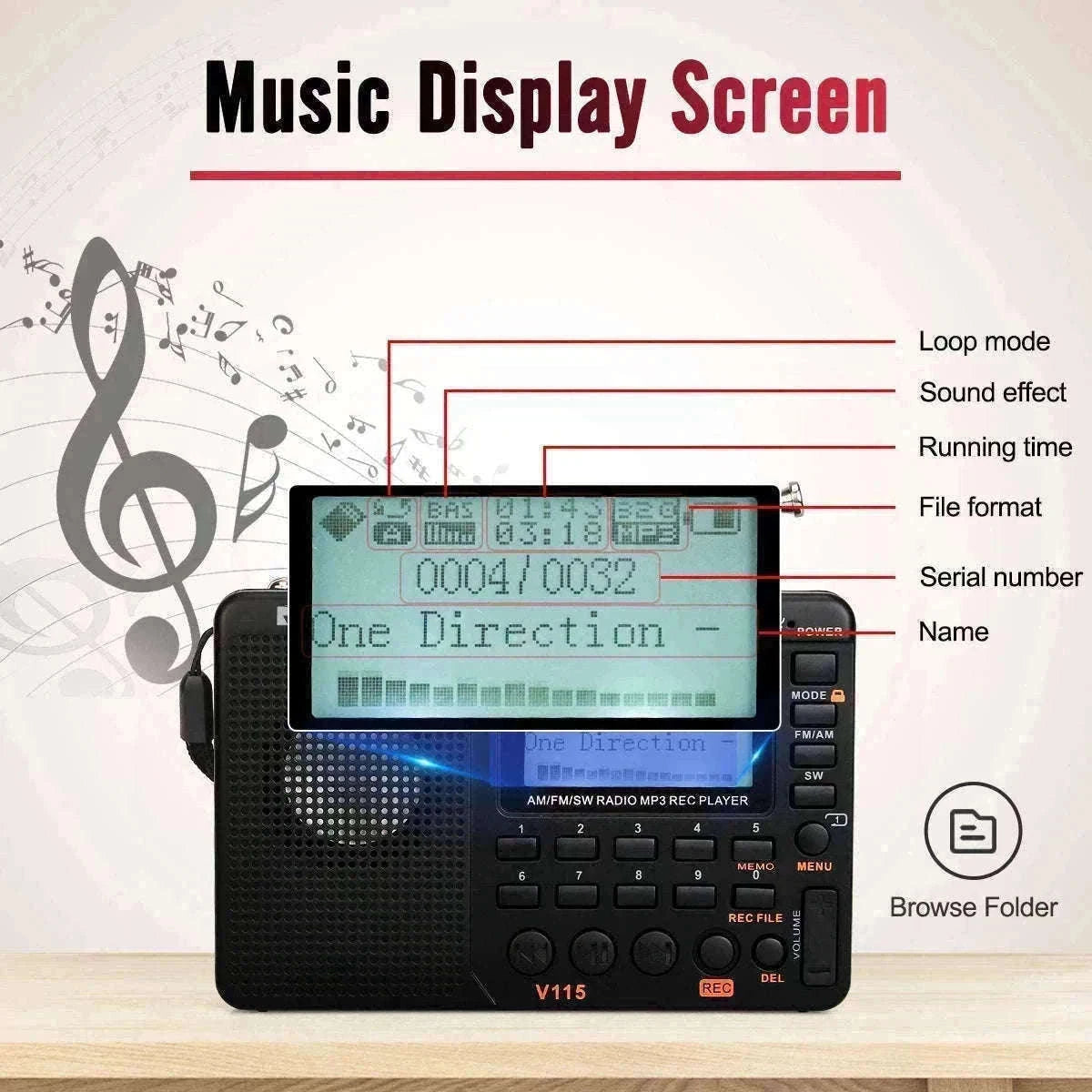 Retekess V115 Portable Radio with USB Recording-V115
