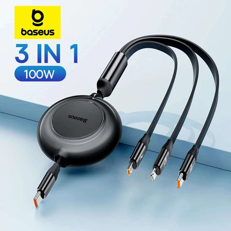 Retractable 100W 3-in-1 USB-C Charging Cable for Laptop & Phone-100W Black / 1.1m